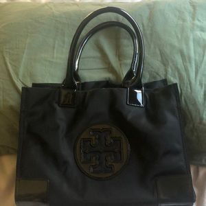 Tory Burch patent and canvas tote